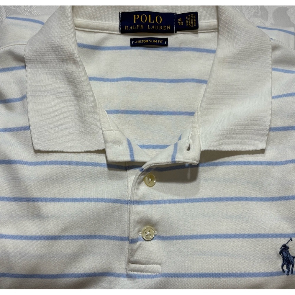 Polo Ralph Lauren Shirt Mens Size XL TG Striped White Blue Short Sleeve Slim Fit - Picture 2 of 7